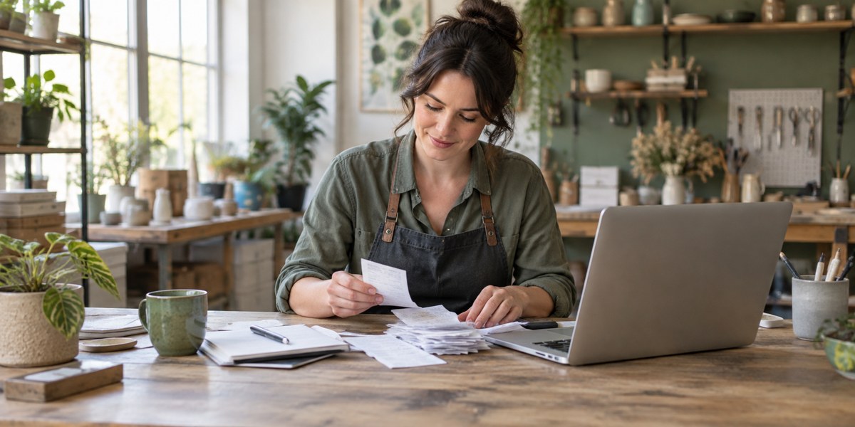 Small business owner organizing receipts and records