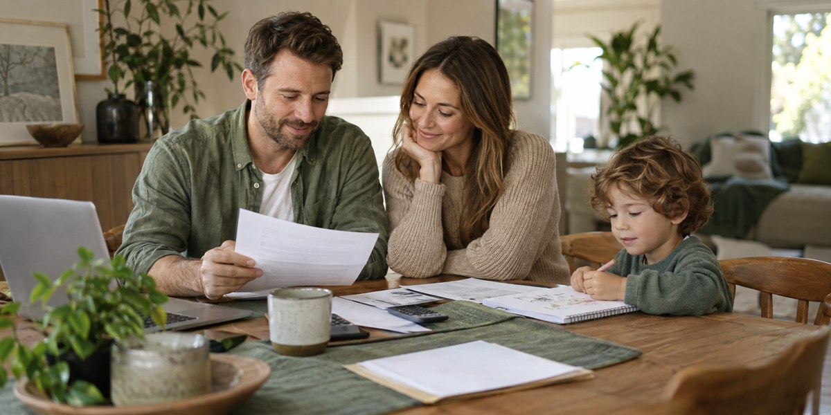 Family reviewing household paperwork together