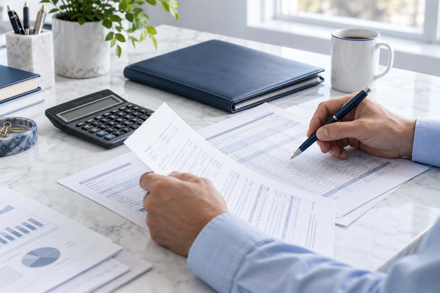 A workspace with tax paperwork, a calculator, and a pen